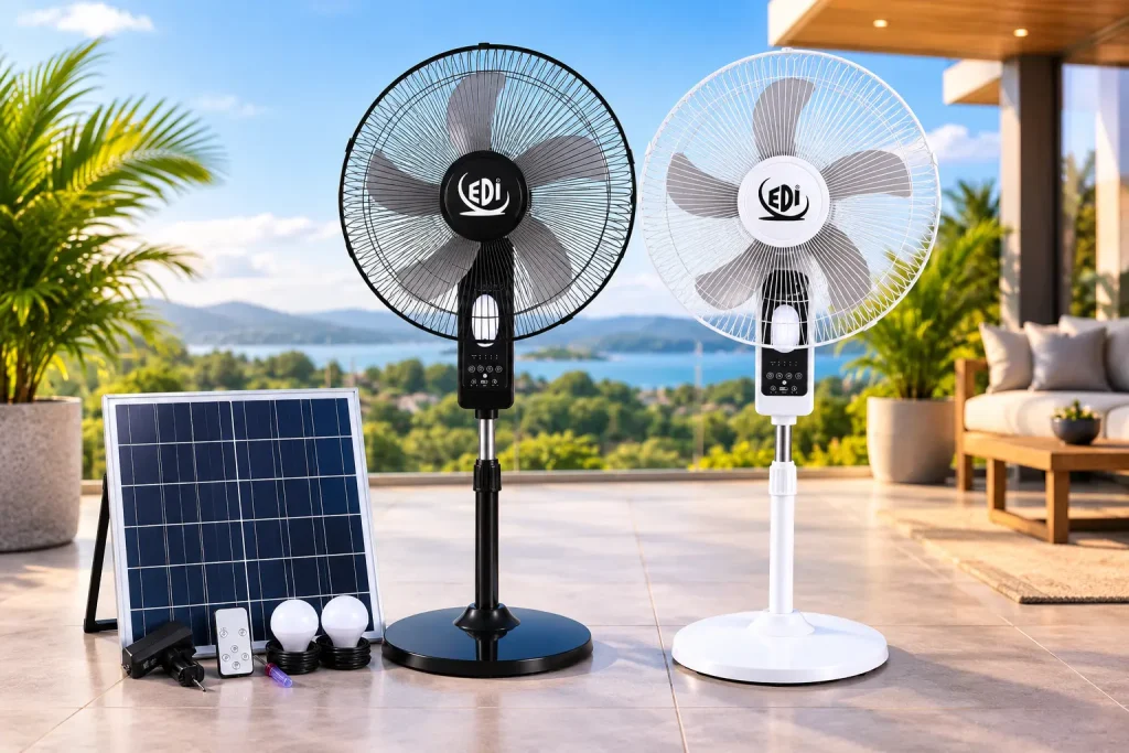 EDI 16-Inch Solar Rechargeable Fan in Black and White with solar panel
